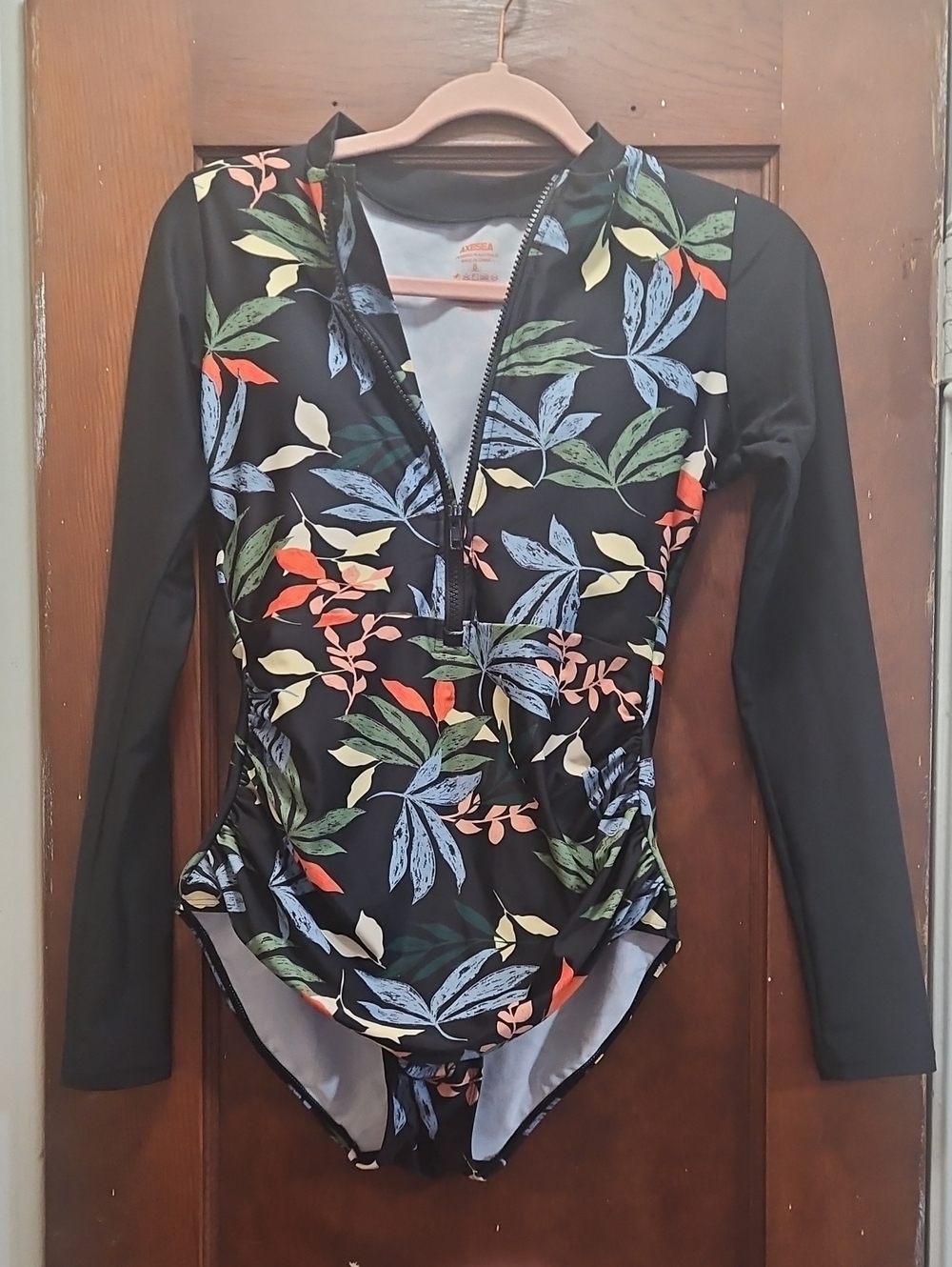 Axesea Women’s Long Sleeve Floral Zip-Front Swimsuit - Black/Multicolor